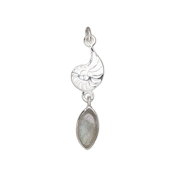 Labradorite / sterling silver 1pkg1, nautilus drop natural antiqued 26x8mm image number 0
