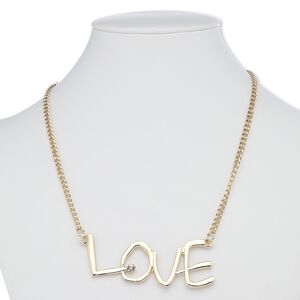 Necklace, glass rhinestone with gold-finished steel and "pewter" (zinc-based alloy), clear, 2-3/4 x 1-inch "LOVE," 16 inches with 3-inch extender chain and lobster claw clasp. Sold individually.