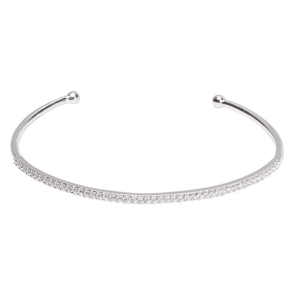 Bracelet, cuff, Create Compliments®, cubic zirconia and rhodium-plated sterling silver, clear, 2mm wide, adjustable from 6-1/2 to 7 inches. Sold individually. image number 0