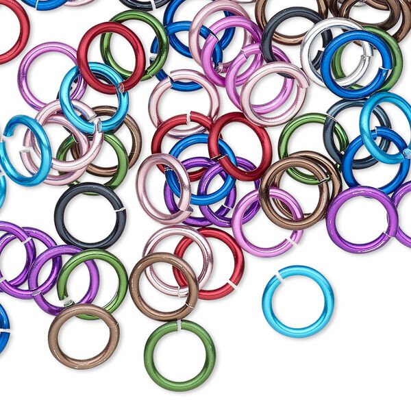 Jump ring mix, anodized aluminum, mixed colors, 8mm round, 5.4mm inside diameter, 16 gauge. Sold per pkg of 100. image number 0