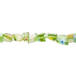 Bead, millefiori glass, translucent green apple and multicolored, small chip. Sold per 32-inch strand.