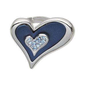 Ring, Czech glass rhinestone / rubber / imitation rhodium-plated "pewter" (zinc-based alloy), dark blue and blue, 32x32mm heart, adjustable. Sold individually.