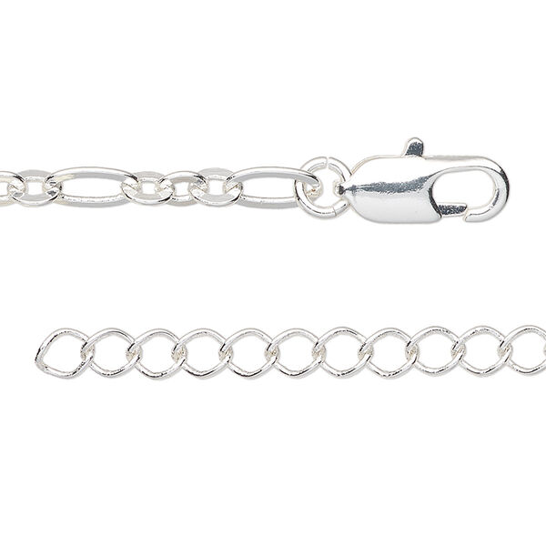 Chain, Almost Jewelry™, silver-plated brass, 4mm figaro, 18 inches with 1 to 3 inches extender chain and lobster claw clasp. Sold individually. image number 0