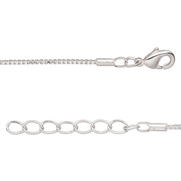 Chain, silver-plated brass, 1mm Venetian box, 16 inches with 1-inch extender chain and lobster claw clasp. Sold per pkg of 4. image number 0