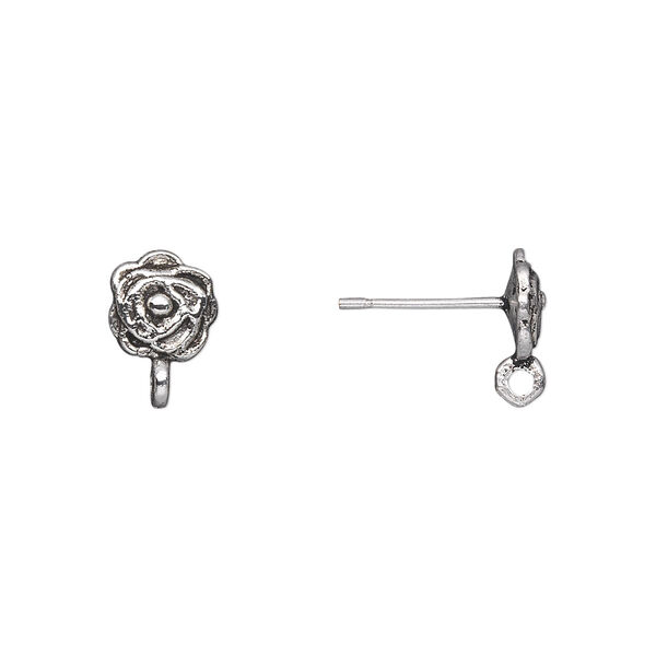 Earstud, antique silver-plated "pewter" (zinc-based alloy) and brass, 8x7mm single-sided rose with closed loop. Sold per pkg 10 pairs. image number 0
