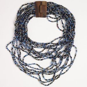 Necklace, multi-strand, glass and wood (natural), pkg/16 inches with buckle clasp, 45mm, multicolored.