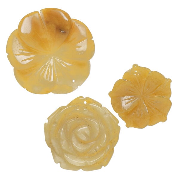 Golden "jade" 1pkg3, top-drilled carved flower drop natural, mix 24x23mm-40x39mm dark image number 0