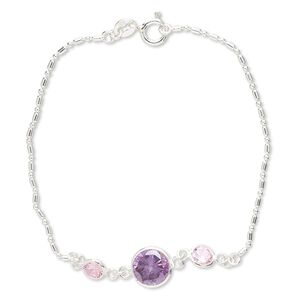 Bracelet, cubic zirconia and sterling silver, pink and dark amethyst purple, 5mm and 8mm faceted round, 7 inches with springring clasp. Sold individually.