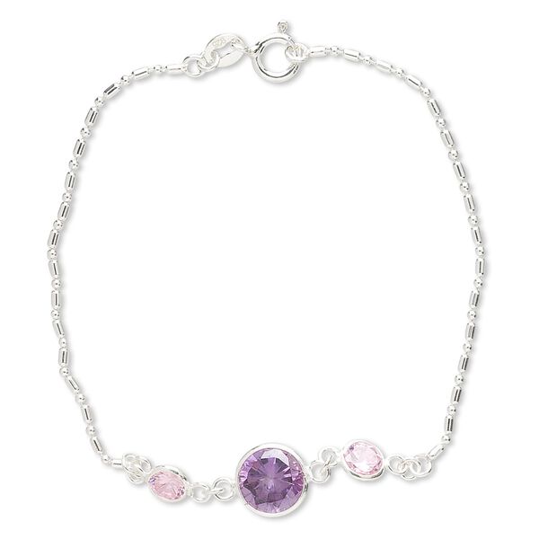 Bracelet, cubic zirconia and sterling silver, pink and dark amethyst purple, 5mm and 8mm faceted round, 7 inches with springring clasp. Sold individually. image number 0
