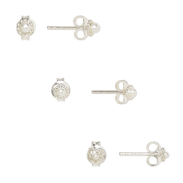Earstud, glass pearl and sterling silver, white, 3mm / 3.5mm / 4mm round with rope edge design and post. Sold per pkg of 3 pairs. image number 0