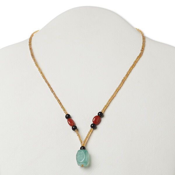 Necklace, red aventurine (natural) / glass / silver- or antiqued gold-finished "pewter" (zinc-based alloy), multicolored, medium nugget, 17 inches with lobster claw clasp. Sold individually. image number 0