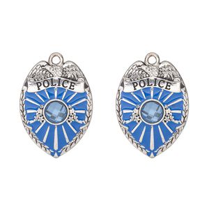 Charm, antique silver-finished "pewter" (zinc-based alloy) / enamel / glass, blue and light denim blue, 28x20mm single-sided police badge with POLICE. Sold per pkg of 2.