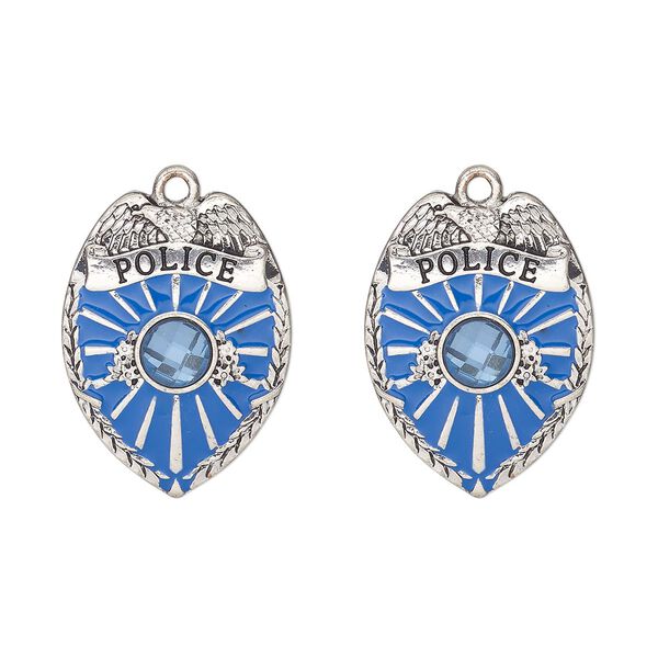 Charm, antique silver-finished "pewter" (zinc-based alloy) / enamel / glass, blue and light denim blue, 28x20mm single-sided police badge with POLICE. Sold per pkg of 2. image number 0