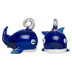 Drop, lampworked glass, translucent dark blue / white / light blue, 23x15mm whale. Sold individually.