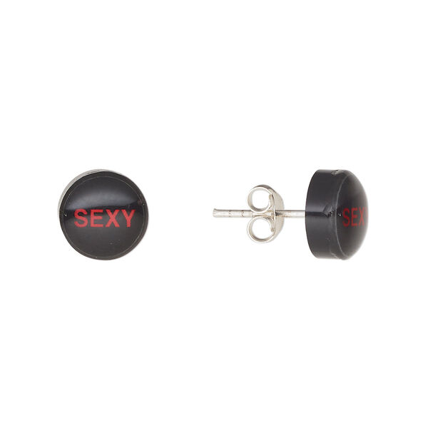 Earstud, Everyday Jewelry, sterling silver and acrylic, red and black, 9mm round with "sexy." Sold per pair. image number 0