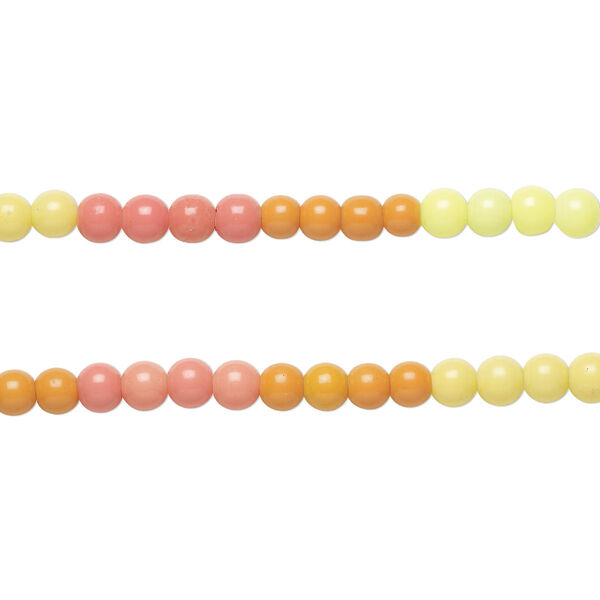 Bead, coated glass, opaque mixed sunrise colors, 8-8.5mm round. Sold per pkg of (2) 7-inch strands, approximately 50 beads. image number 0