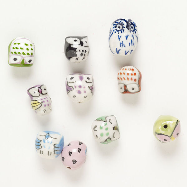 Bead mix ceramic 10pk 14x12mm-21x7mm owl, multicolored image number 0