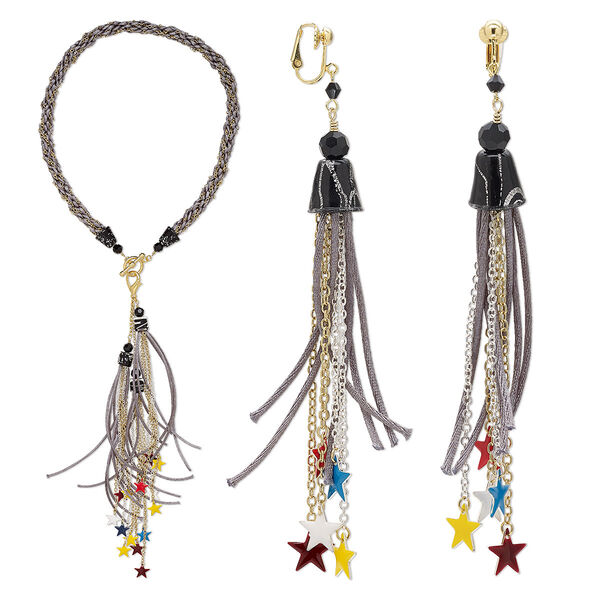 Necklace and earring set, One of a Kind Jewelry, gold- / silver-plated brass / satin cord / enamel, grey and multicolored, 20-inch necklace. Only one available. image number 0
