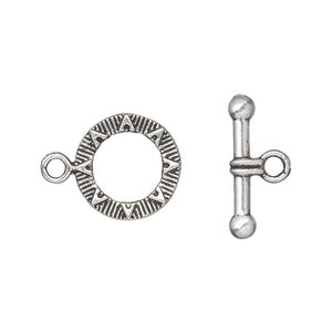 Clasp toggle 1pkg20 silver-plated "pewter" (zinc alloy), 14mm double-sided round, antique 1-strand