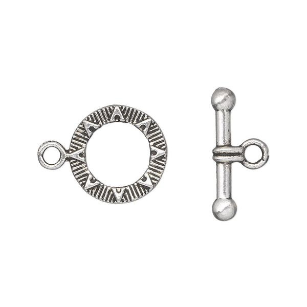 Clasp, toggle, antique silver-plated "pewter" (zinc-based alloy), 14mm double-sided round with sun design. Sold per pkg of 20. image number 0