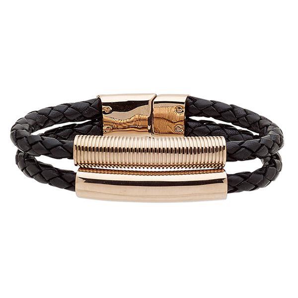 Bracelet, leather (dyed) and rose gold-finished stainless steel, black, 17mm wide with 40x9mm round tube, 6 inches with magnetic slide clasp. Sold individually. image number 0