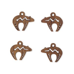 Drop, wood (natural), 13x10mm single-sided left- and right-facing Zuni-style bear with cutout design. Sold per pkg of 4.