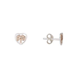 Earstud, Create Compliments®, rose gold-plated sterling silver, 7.5x7mm heart with tree of life design. Sold per pair.