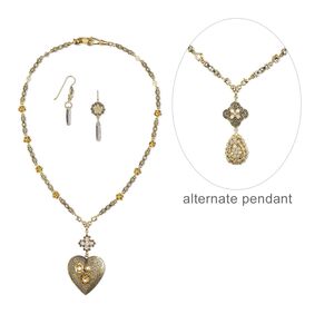 Necklace and earring set, One of a Kind Jewelry, antique gold-finished brass and glass, crystal clear, 20-inch necklace with 2 interchangeable pendants. Only one available.