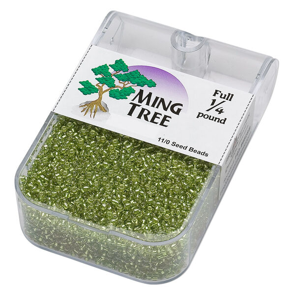 Seed bead, Ming Tree™, glass, pkg/1/4 pound, #11 round, transparent silver-lined lime green. image number 0