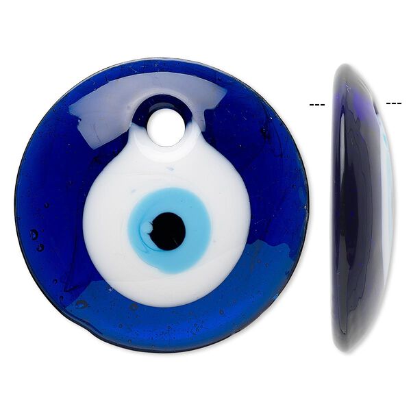 Focal, lampworked glass, multicolored, 45mm flat round with wards off the evil eye design. Sold individually. image number 0