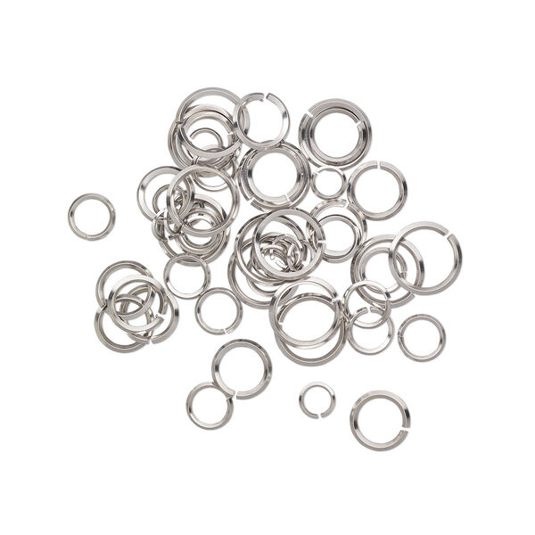Jump ring mix, stainless steel, 6-12mm round diamond wire, 4.3-9.5mm inside diameter, 16-20 gauge. Sold per pkg of 50. image number 0
