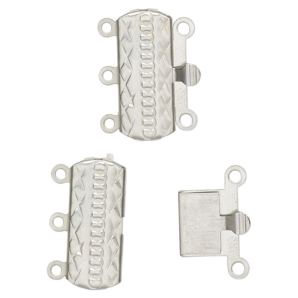 Clasp, 3-strand tab, stainless steel, 20x8mm rectangle with stitched design. Sold per pkg of 10. image number 0