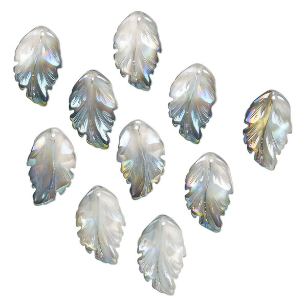 Drop, pressed glass, translucent metallic green rainbow, 28 x 17mm pressed leaf, top-drilled. top-drilled. Sold per pkg of 10. image number 0