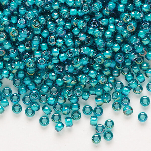 Seed bead, Miyuki, glass, pkg/50g, #8 rocaille, translucent white-lined luster teal, (RR-3765). image number 0