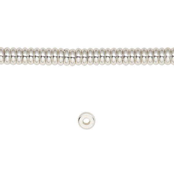 Bead, silver-finished brass, 4x1.5mm rondelle. Sold per 8-inch strand. image number 0