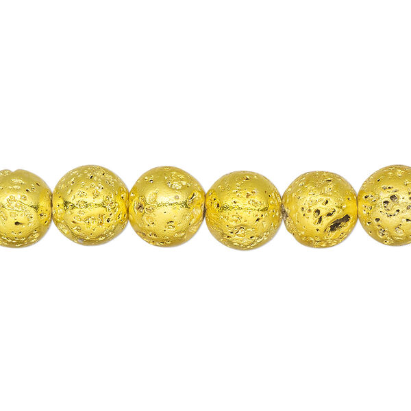Bead, electro-coated lava rock (coated), yellow, 7-8mm round. Sold per 15-1/2" to 16" strand. image number 0