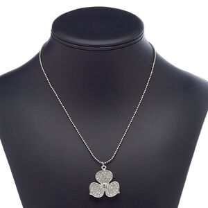 Necklace, glass rhinestone / imitation rhodium-plated steel / brass / "pewter" (zinc-based alloy), clear, 29x28mm flower, 16 inches with 2-inch extender chain and lobster claw clasp. Sold individually.