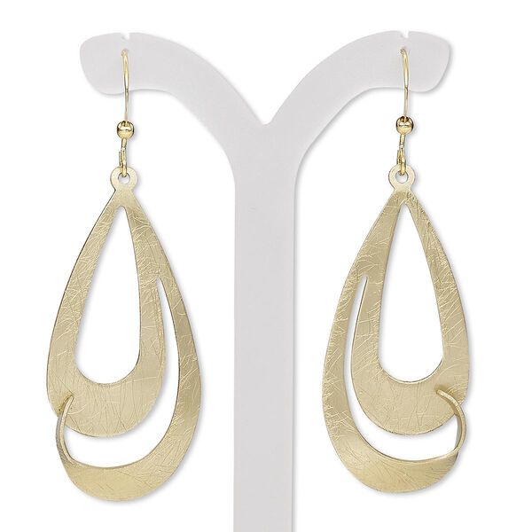 Earring, gold-finished steel and brass, 2-1/4 inches with fancy teardrop and cutout design with fishhook ear wire. Sold per pair. image number 0
