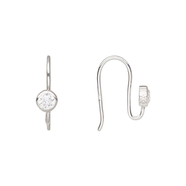 Ear wire, cubic zirconia and sterling silver, clear, 16mm fishhook with 5mm round and open loop, 18 gauge. Sold per pair. image number 0