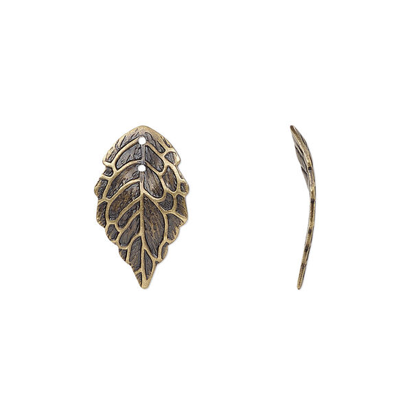 Charm, antique brass-plated brass, 17.5x10mm single-sided curved leaf with hole. Sold per pkg of 20. image number 0