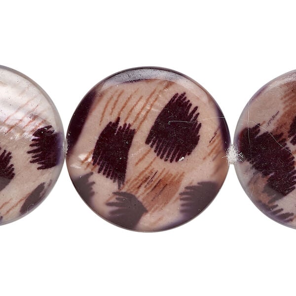 Mother-of-pearl shell 1pkg1, puffed flat round / cheetah print decal bead 15 inch tan /brown / black 24-25mm image number 0
