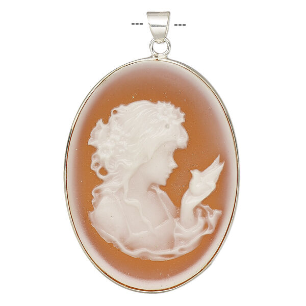Pendant, acrylic and sterling silver, orange and white, 41x31mm oval cameo with woman and dove. Sold individually. image number 0
