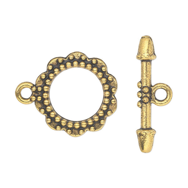 Clasp, toggle, antique gold-finished "pewter" (zinc-based alloy), 20mm double-sided flower round. Sold per pkg of 10. image number 0