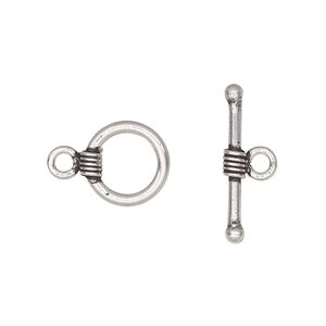 Clasp, toggle, antiqued sterling silver, 12mm round with lines. Sold individually.