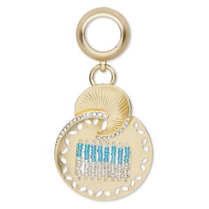 Pendant, scarf, glass rhinestone / glass / gold-coated plastic / gold-finished "pewter" (zinc-based alloy), blue AB and clear, 3-1/4 inches with 53x43mm round and tube bail. Sold individually.