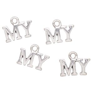 Charm, antique silver-finished "pewter" (zinc-based alloy), 14x9mm "My". Sold per pkg of 4.