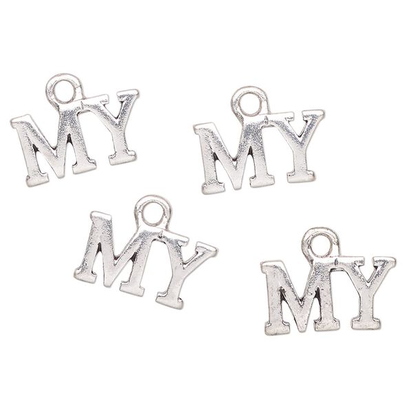 Charm, antique silver-finished "pewter" (zinc-based alloy), 14x9mm "My". Sold per pkg of 4. image number 0