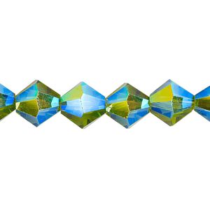 Bead 1pk translucent peridot green AB, Celestial Crystal® 10mm bicone 8 inch