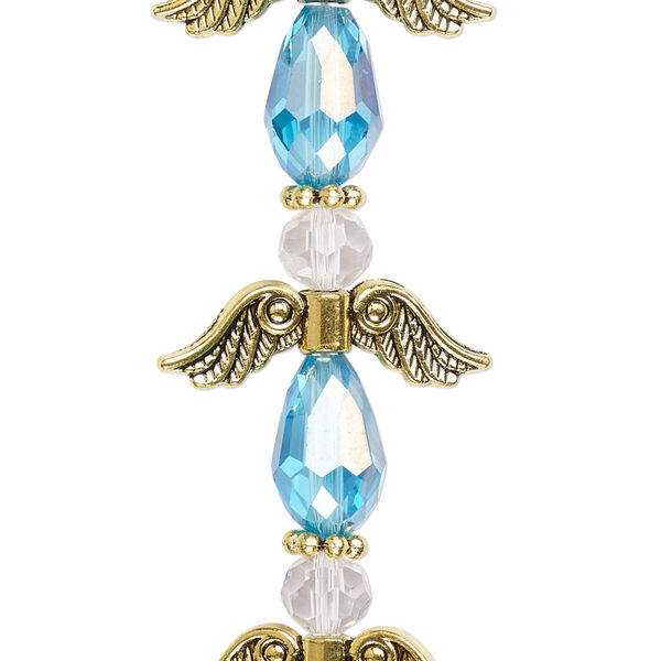 Bead, crystal and antique gold-finished "pewter" (zinc-based alloy), translucent medium blue AB and clear, 23mm angel. Sold per pkg of 4. image number 0