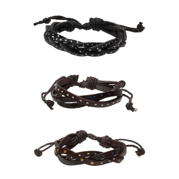 Bracelet mix, painted leather (dyed) and cotton cord, multicolored, 5-13mm wide, adjustable from 6-1/2 to 10-1/2 inches with macramé knot closure. Sold per pkg of 3. image number 0